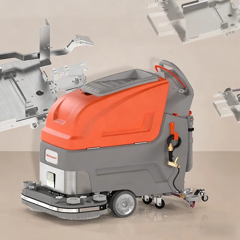 Commercial ride-on floor sweeper and scrubber by BACKUPMYFILESNOW.COM® for parking lots, malls, and warehouses, electric-powered cleaning machine.