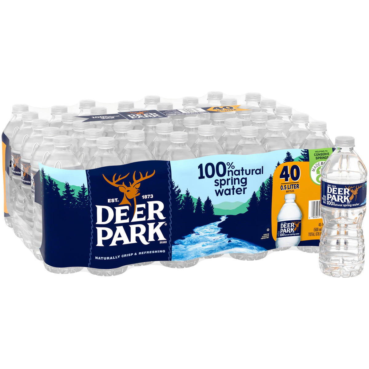 Four 16.9 fl oz bottles of DEER PARK 100% Natural Spring Water, clear plastic bottles with blue caps, on a white background.