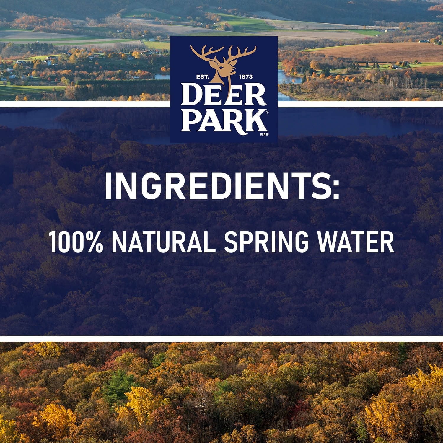 Deer Park 100% natural spring water bottles, 40 packs of 16.9 fl oz, showing clear plastic bottles filled with spring water