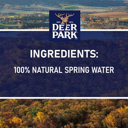 Deer Park 100% natural spring water bottles, 40 packs of 16.9 fl oz, showing clear plastic bottles filled with spring water