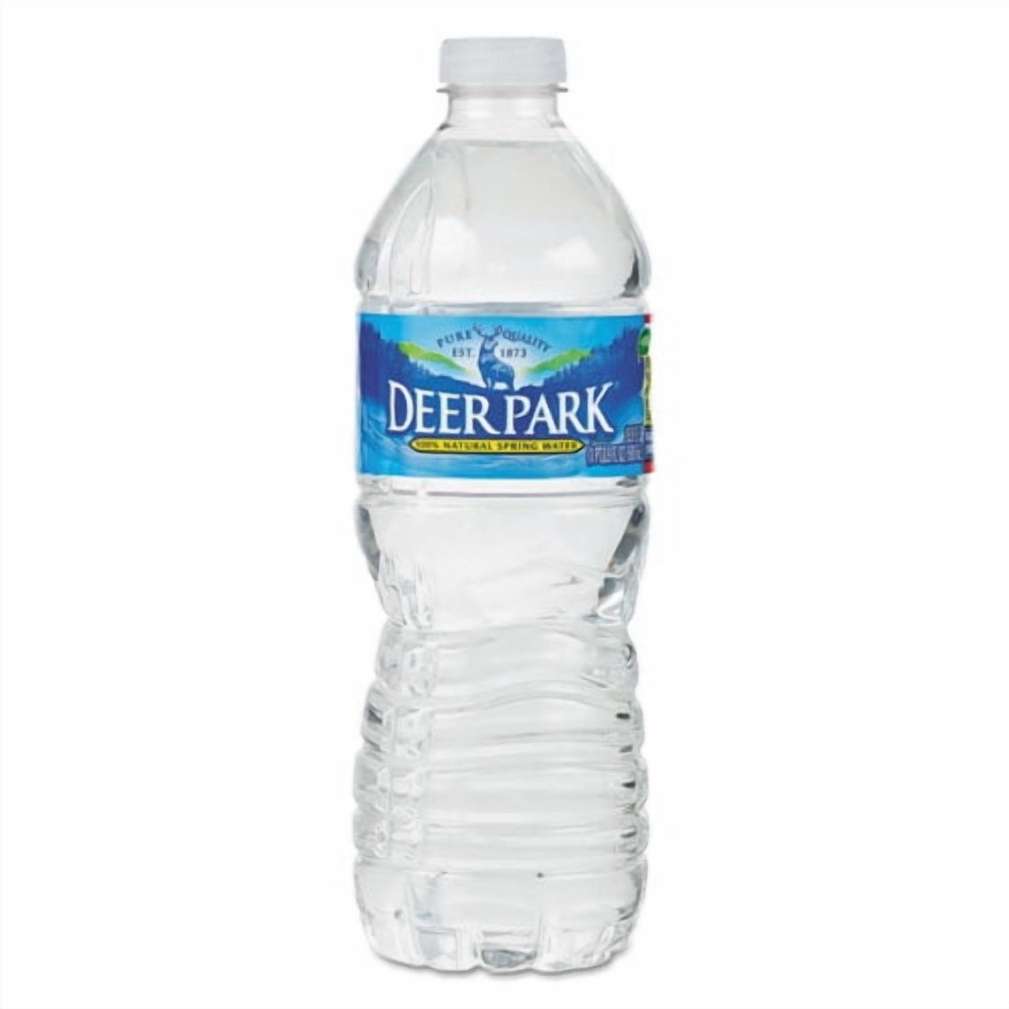 Pack of DEER PARK 100% Natural Spring Water bottles, 16.9 fl oz each, featuring clear spring water in plastic bottles.