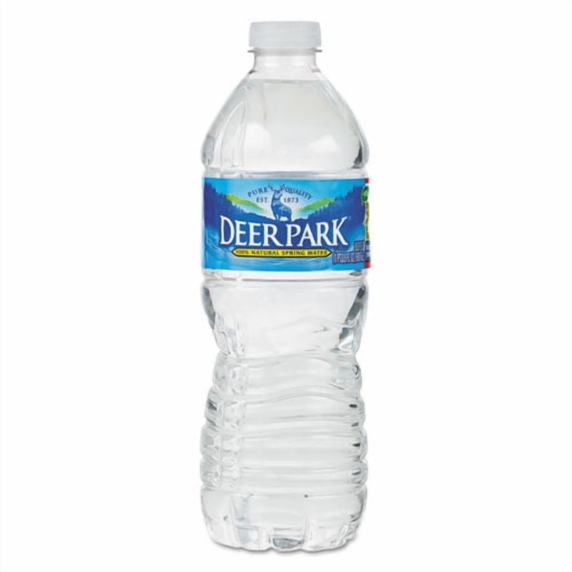Pack of DEER PARK 100% Natural Spring Water bottles, 16.9 fl oz each, featuring clear spring water in plastic bottles.