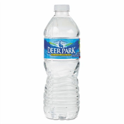 Pack of DEER PARK 100% Natural Spring Water bottles, 16.9 fl oz each, featuring clear spring water in plastic bottles.