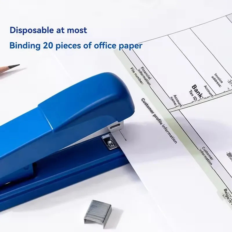 White, black, and blue Deli 0309 manual metal stapler set with 96 pieces, ideal for office, school, or home use.