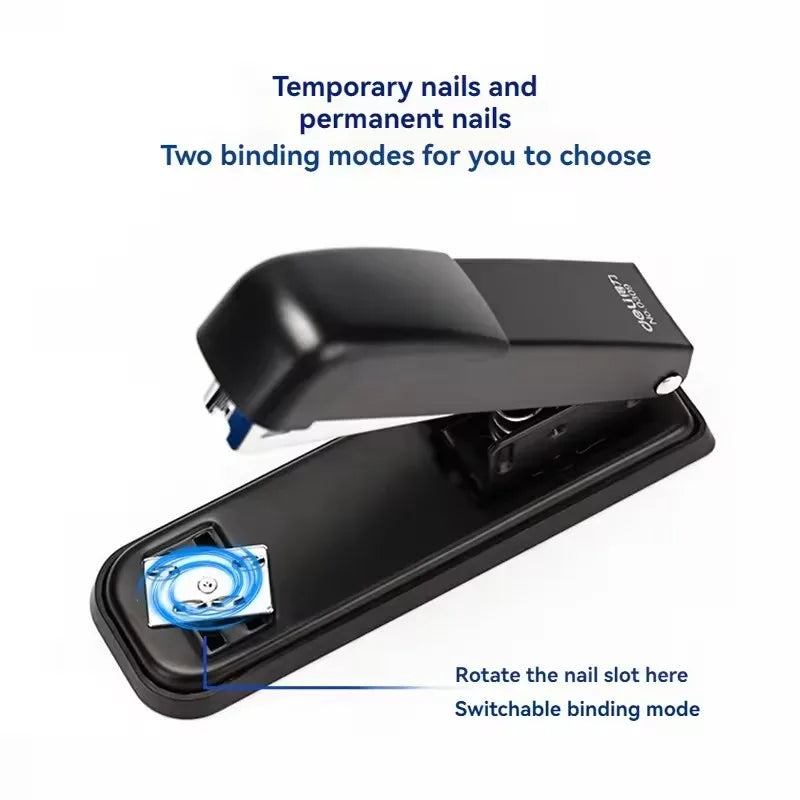 White, black, and blue Deli 0309 manual metal stapler set with 96 pieces, ideal for office, school, and home use.