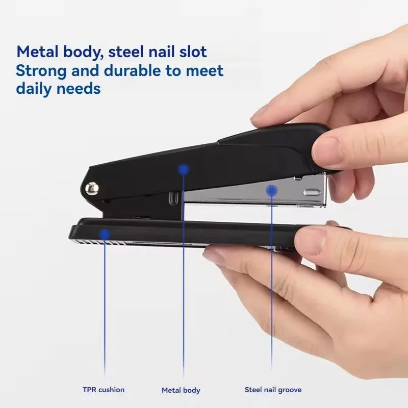 Deli 0309 manual stapler in white, black, and blue with metal construction, part of a 96-piece set for office, school, or home use.