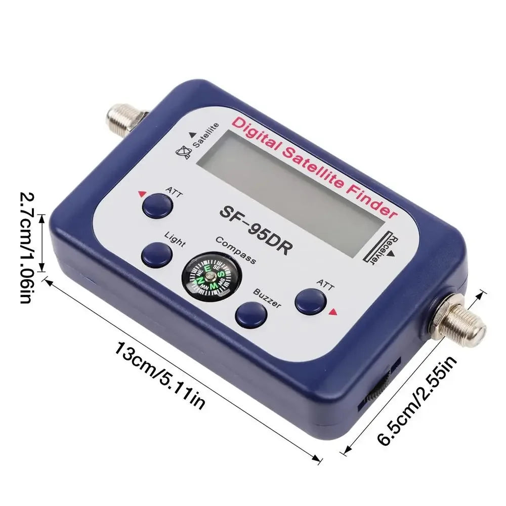 Digital satellite finder by BACKUPMYFILESNOW.COM® with LCD display, compass, and DVB S2 receiver for TV signal testing and alignment.