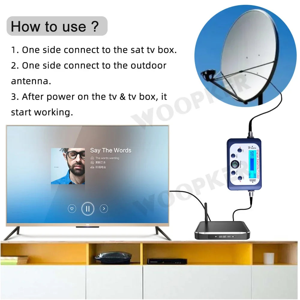 Digital satellite finder and TV signal receiver with LCD display, compass, and DVB S2 tuner for satellite TV setup.