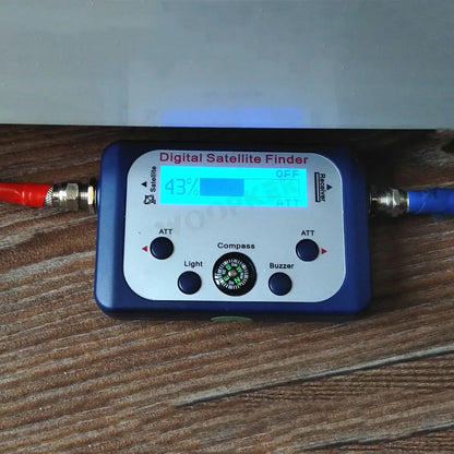 Digital satellite finder and TV signal receiver by BACKUPMYFILESNOW.COM with LCD display, compass, and DVB S2 tuner for satellite testing.
