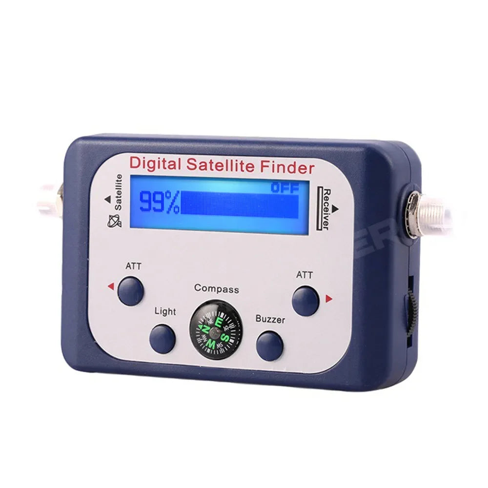 Digital satellite finder from BACKUPMYFILESNOW.COM with LCD display, compass, and DVB S2 TV signal receiver for satellite tuning.