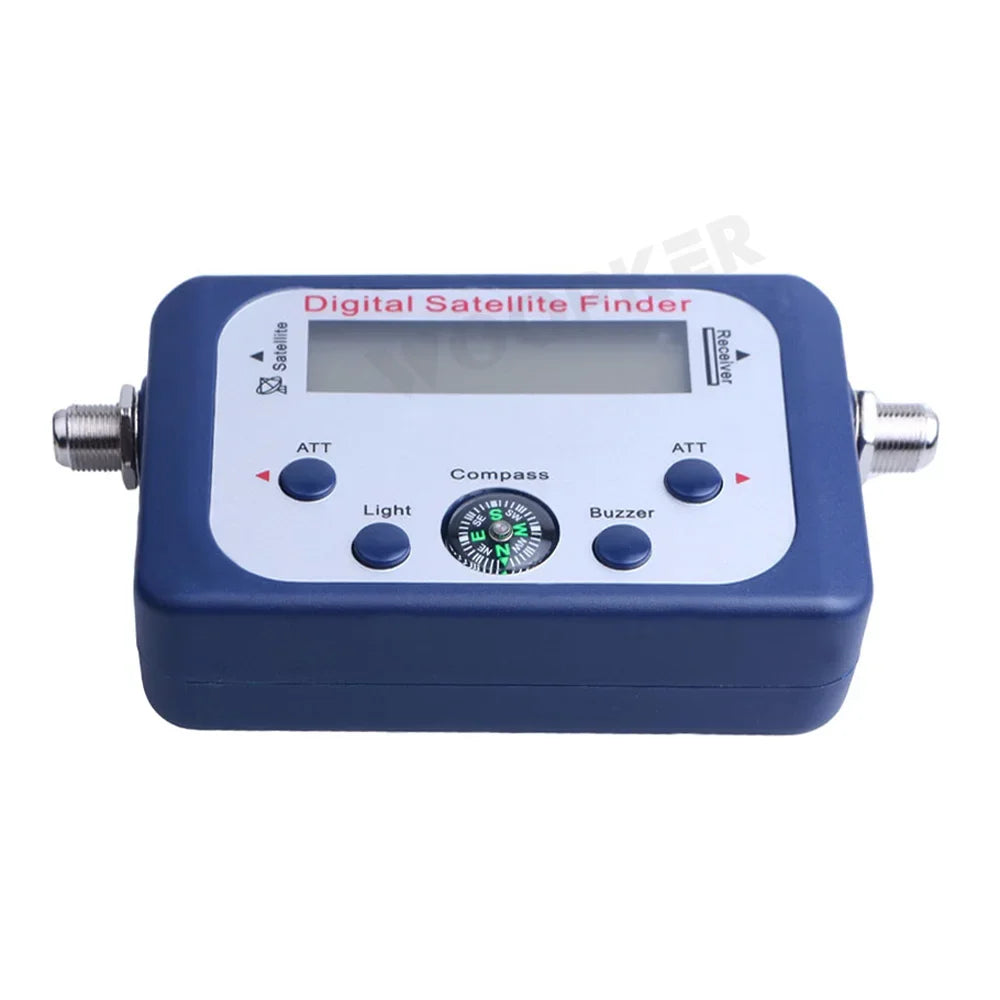 Digital satellite finder by BACKUPMYFILESNOW.COM with LCD display, compass, and DVB S2 tuner for TV signal testing and alignment.