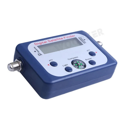 Digital satellite finder from BACKUPMYFILESNOW.COM with LCD display, compass, and DVB S2 TV tuner for satellite signal testing.
