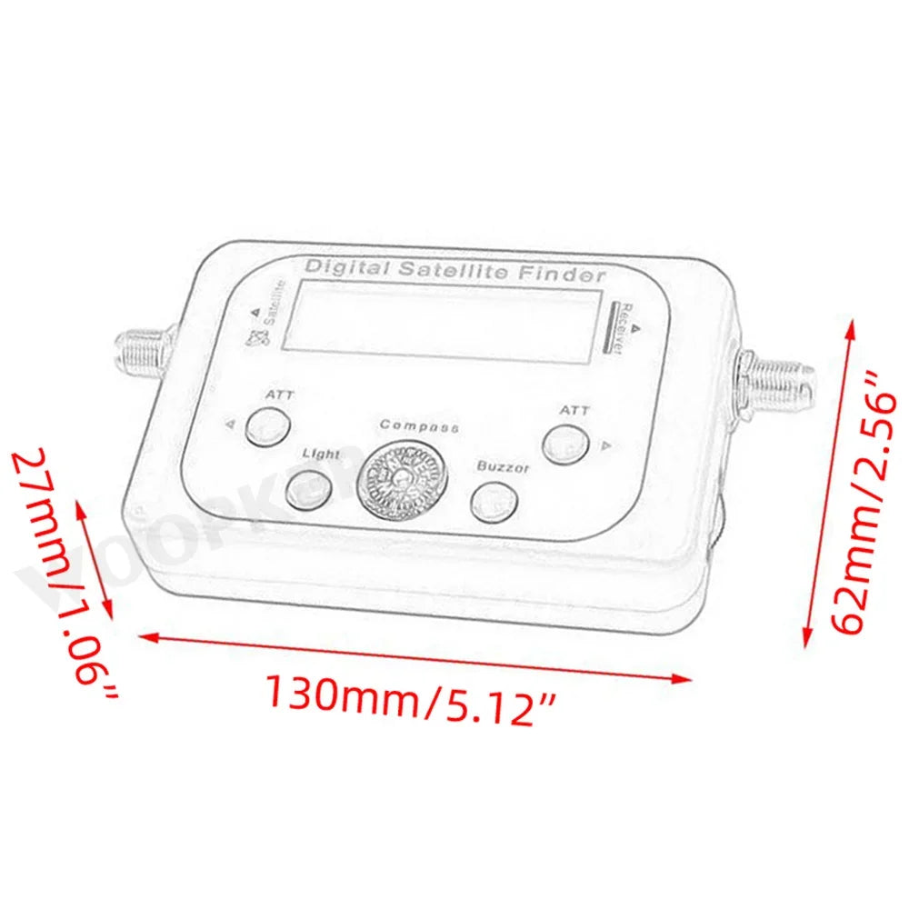 Digital satellite finder Satlink tester with LCD display, compass, and DVB S2 tuner for TV signal reception and alignment.