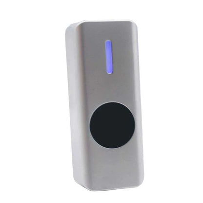 Infrared touchless exit button in metal case, 12V/24V with time delay, no-touch sensor for secure access control.