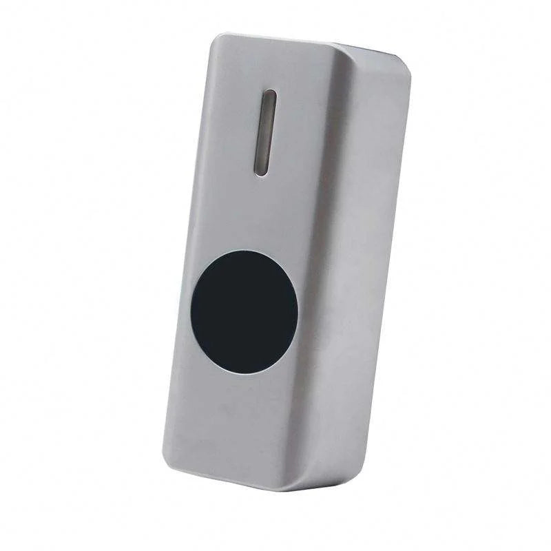 Metal case touchless exit button with infrared sensor, 12V/24V, time delay output for secure access control.