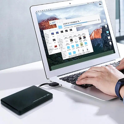 External 2.5-inch SSD HDD enclosure from BackupMyFilesNow.com with USB 3.0 for mobile or PC laptop storage.
