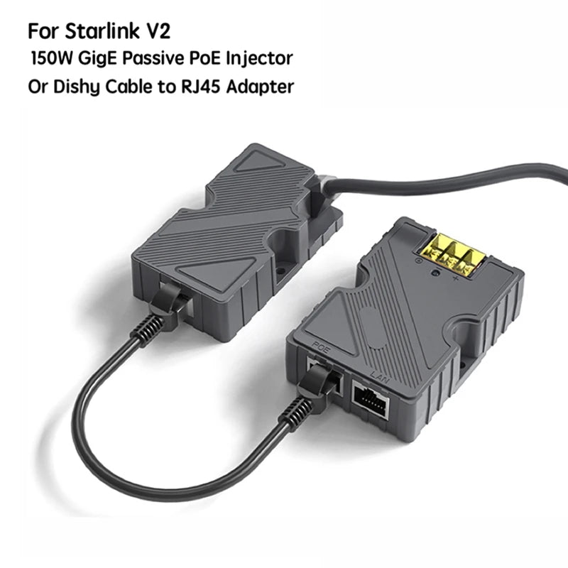 Starlink Dishy cable adapter to RJ45 and 150W GigE passive PoE injector for Starlink V2, by BACKUPMYFILESNOW.COM®.