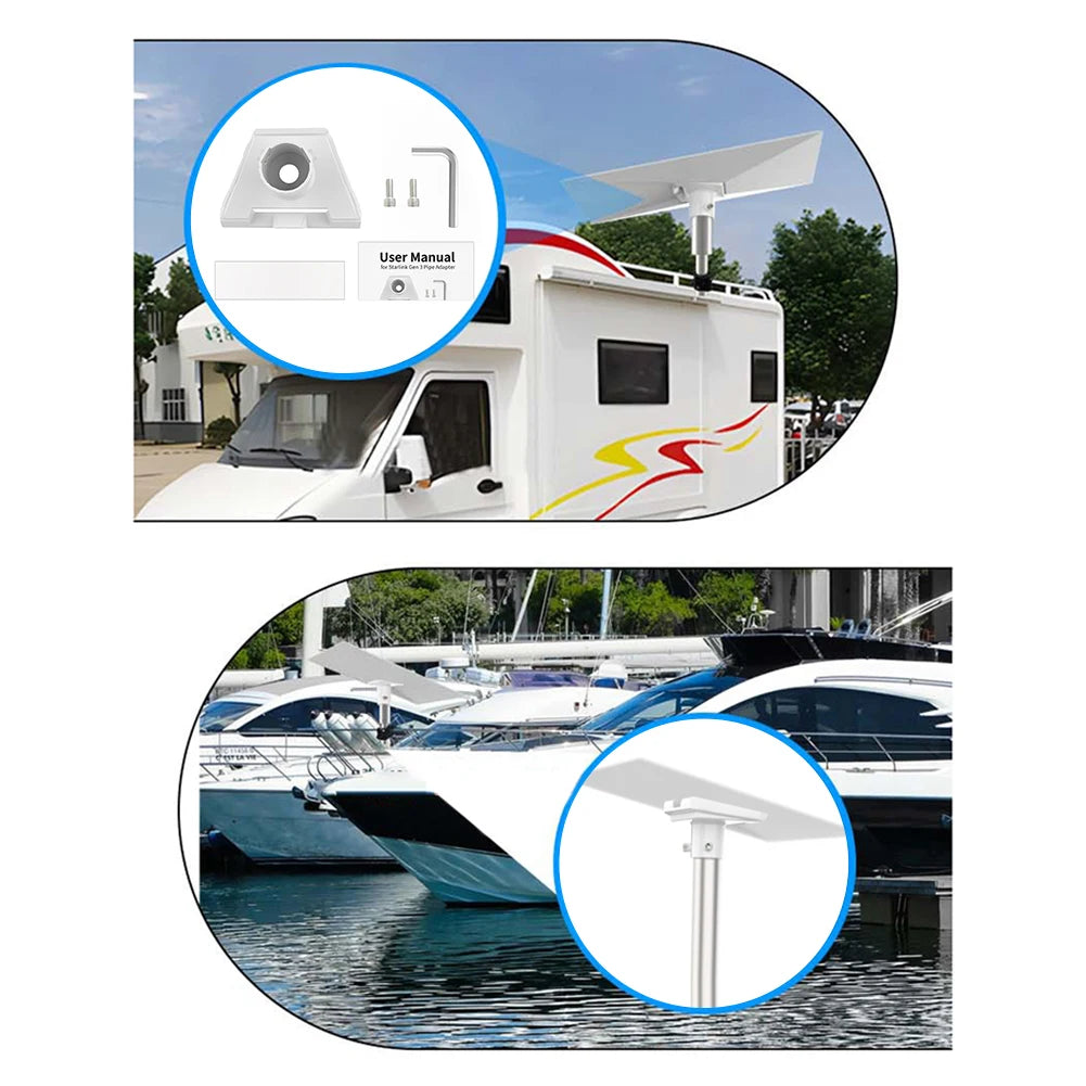 Starlink Gen 3 pipe adapter mount and satellite bracket for roof installation on Starlink V3 3rd generation dish.