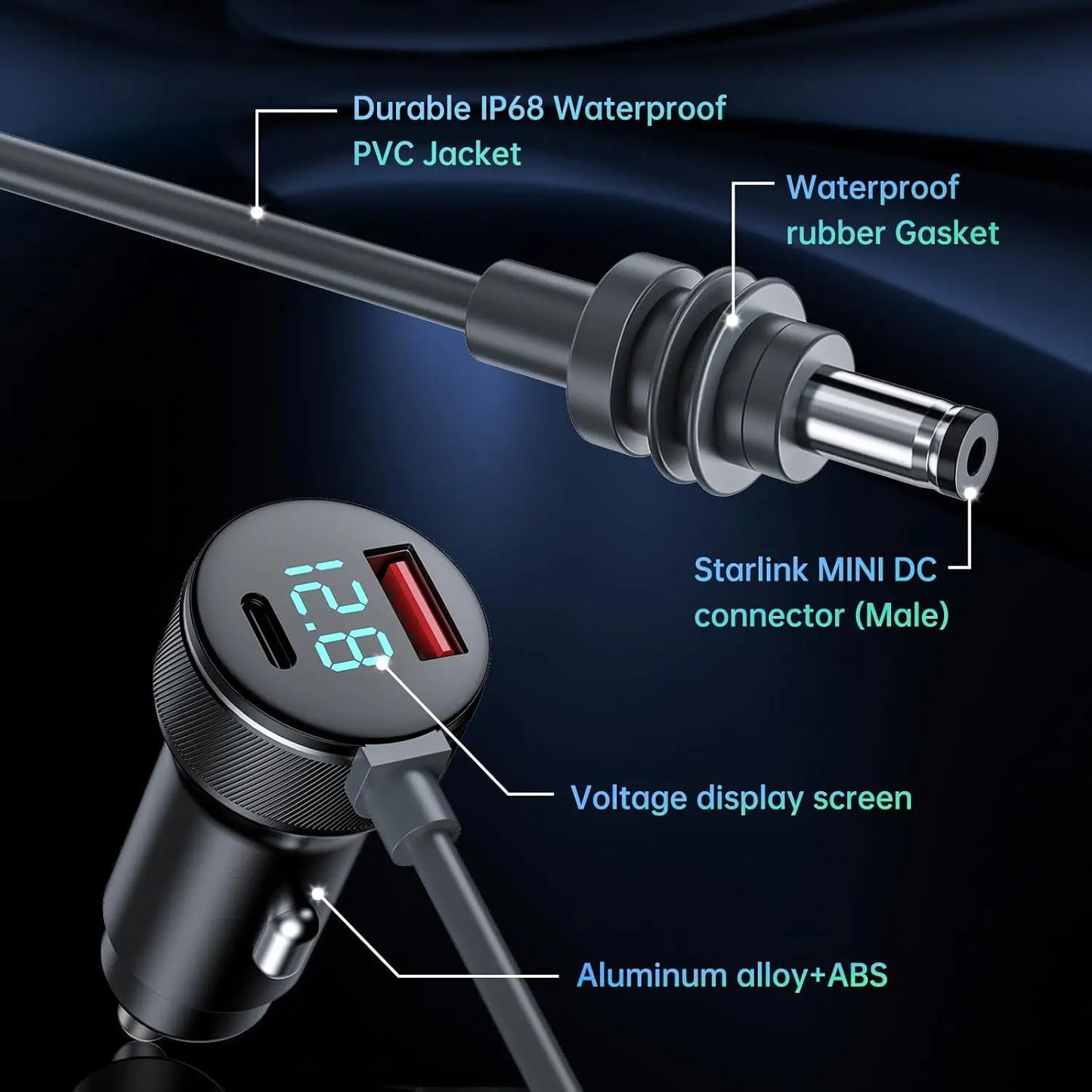 Starlink Mini digital display car charger with waterproof DC power cable, designed for reliable in-vehicle use by BACKUPMYFILESNOW.COM®