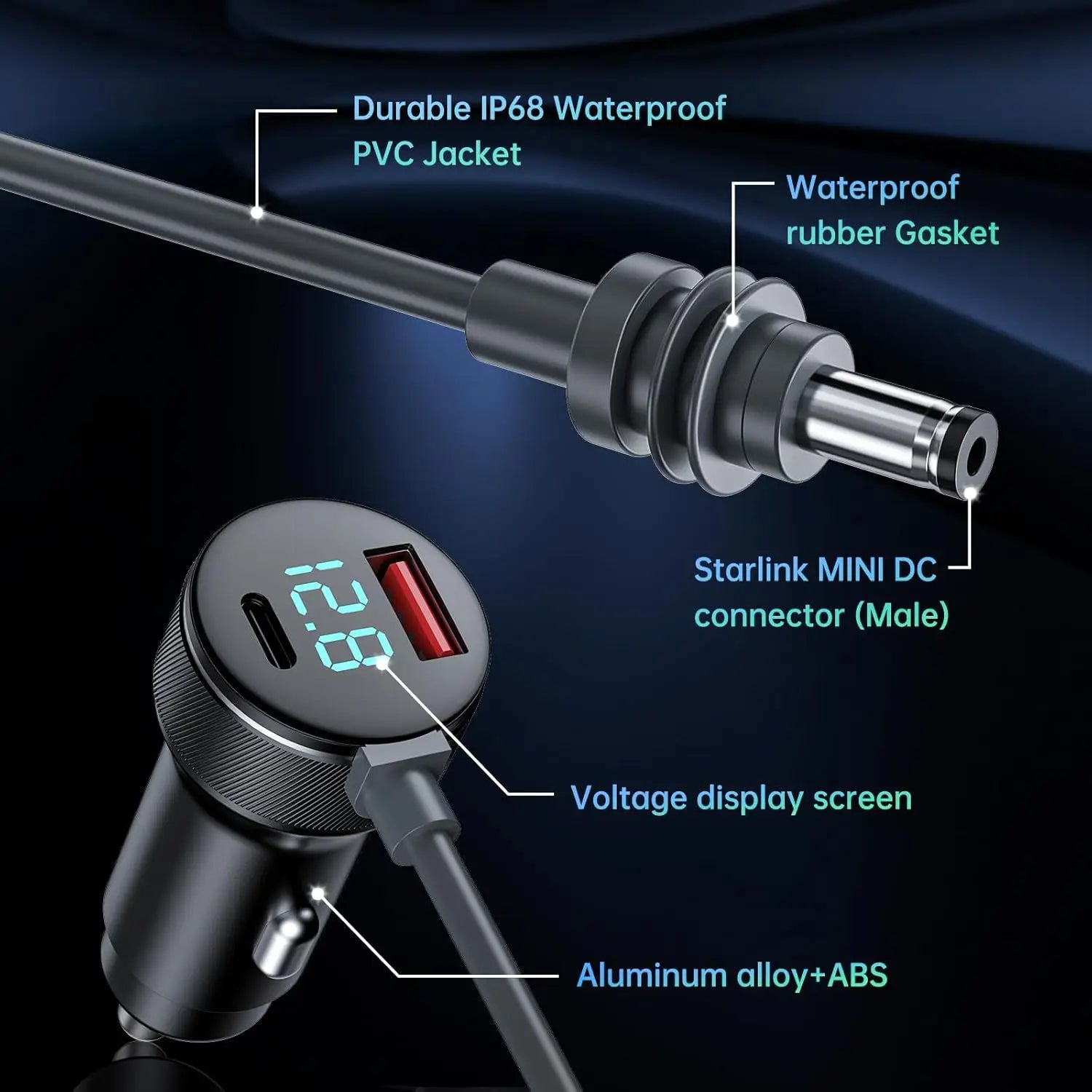 Starlink Mini digital display car charger with waterproof DC power cable, designed for reliable in-vehicle use by BACKUPMYFILESNOW.COM®
