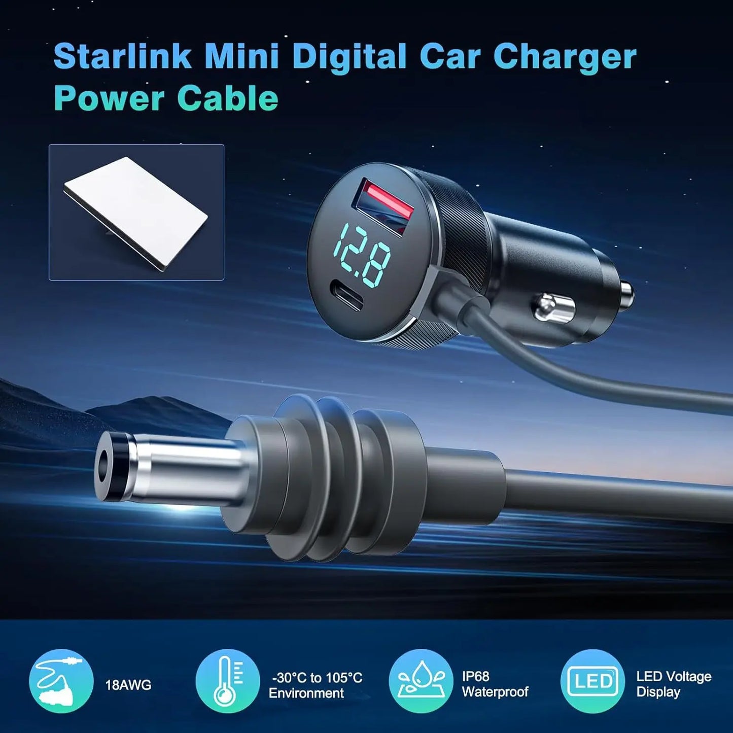 Starlink Mini digital display car charger with waterproof DC power cable, compatible with vehicle charging systems.