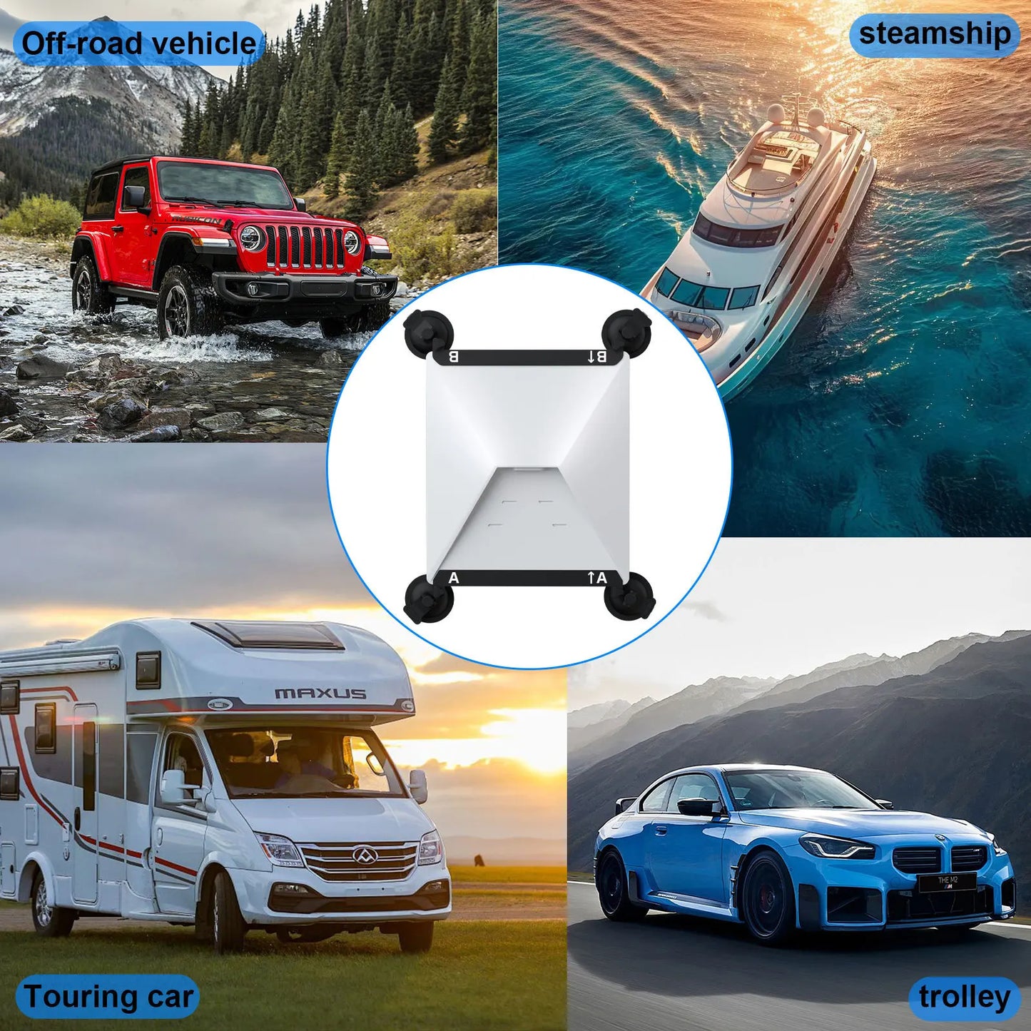 Starlink Mini suction cup mount by BACKUPMYFILESNOW.COM® attached to car window for secure satellite internet setup.