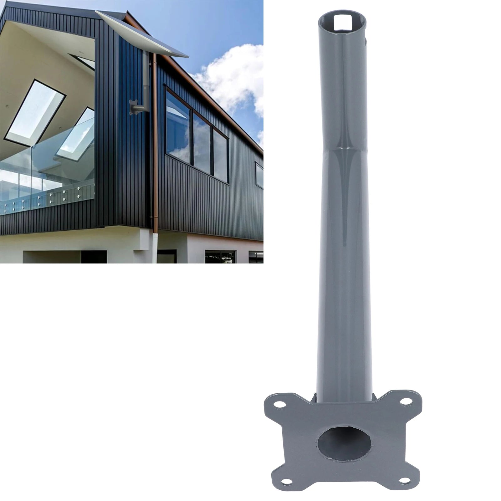Stainless steel Starlink V2 mounting bracket from BACKUPMYFILESNOW.COM® designed for heavy-duty, snow-proof installation.