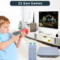 Retro game console from BackupMyFilesNow.com with over 900 games, includes game cartridge, AR gun, and two controllers for kids and adults.