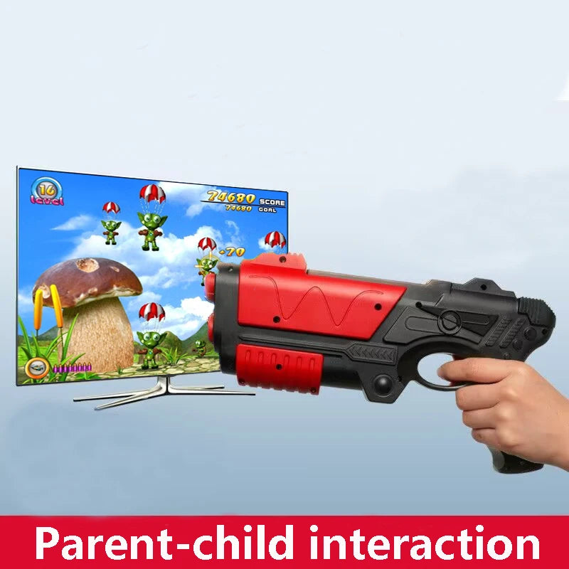 Retro game console with over 900 games, featuring a game cartridge, AR gun, and two handheld controllers for kids and adults.