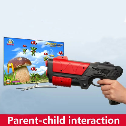 Retro game console with over 900 games, featuring a game cartridge, AR gun, and two handheld controllers for kids and adults.