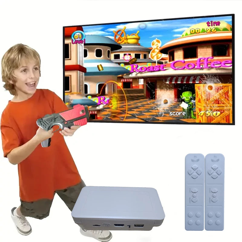 Retro game console with over 900 games, includes game cartridge, AR gun, and two controllers for kids and adults.