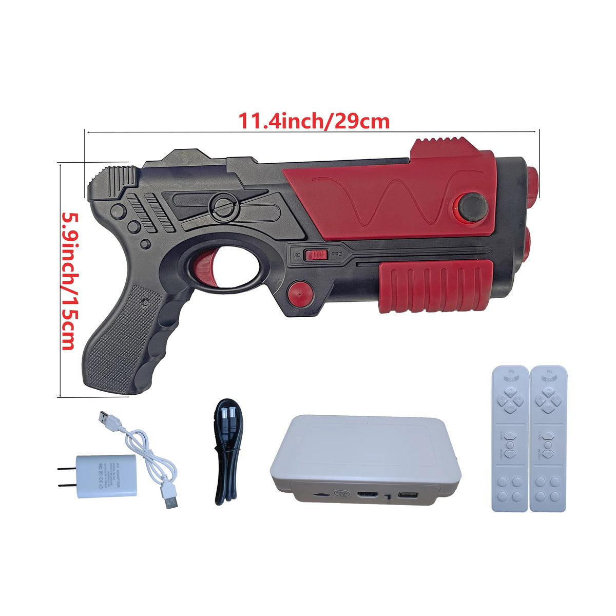 Retro game console by BackupMyFilesNow.com with over 900 games, TV-compatible, includes game cartridge, AR gun, and two handheld controllers.