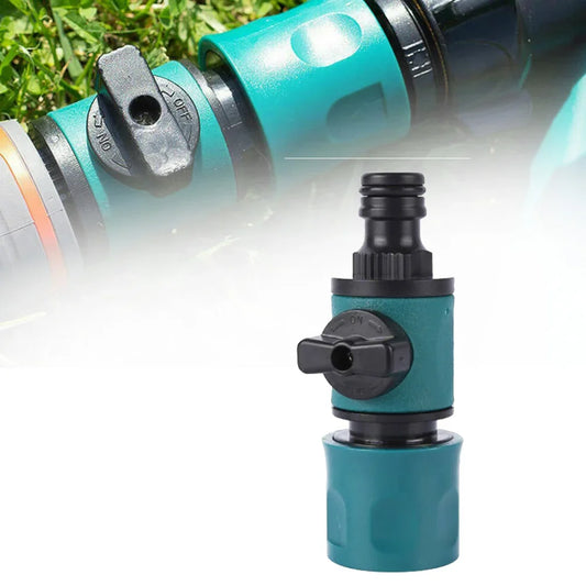 Garden hose shut off valve and quick in-line tap connector for watering and irrigation systems, with brass fittings and plastic body.
