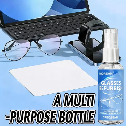 BackupMyFilesNow® Glasses Refurbish Cleaner Spray 55ML for anti-fog, lens stain, and dust removal on eyewear, sunglasses, and camera lenses.