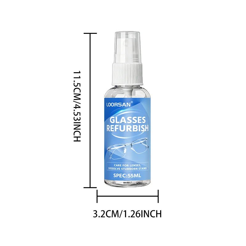BackupMyFilesNow® Glasses Refurbish Cleaner Spray 55ML for anti-fog, lens stain, and dust removal on eyewear, sunglasses, goggles, and camera lenses.