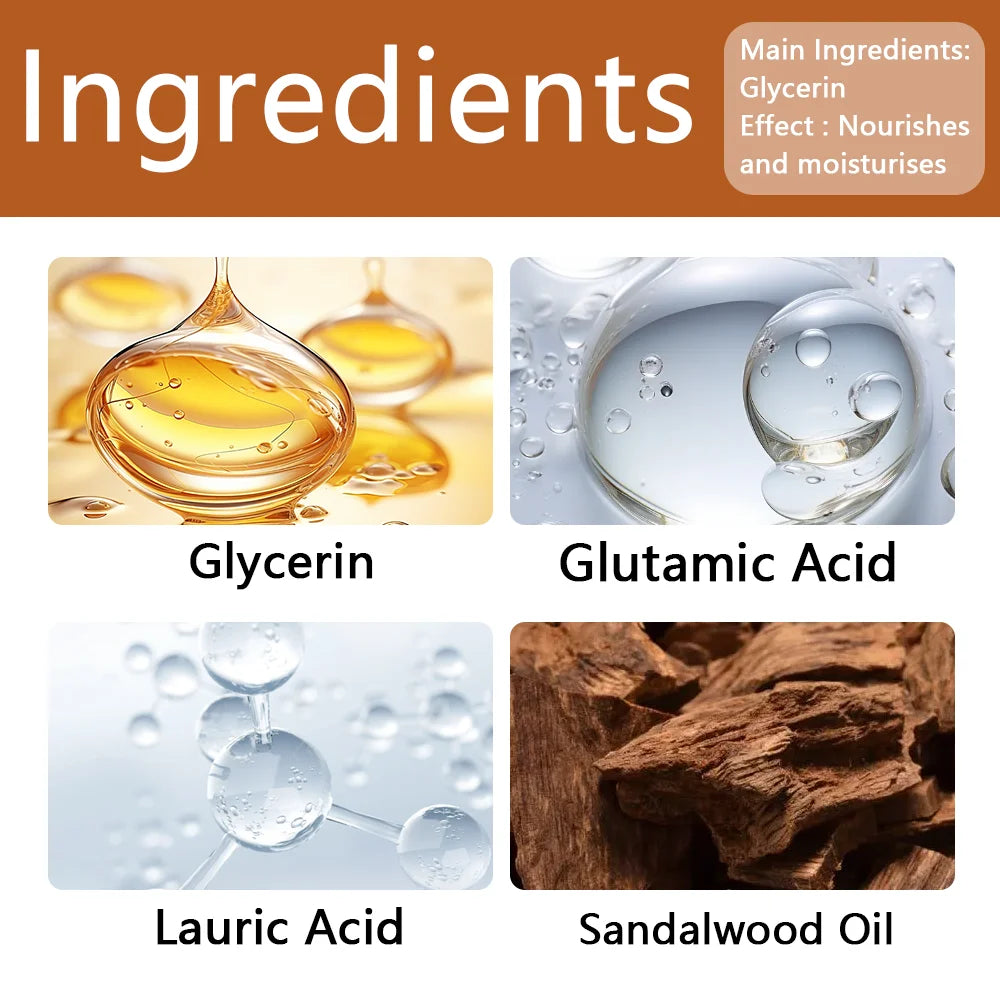 Handmade whitening soap with sandalwood, essential oils, deep cleansing, moisturizing, and skin-brightening properties.