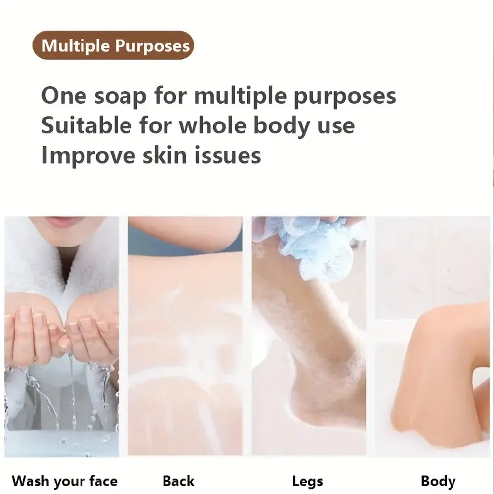 Handmade whitening soap with sandalwood, essential oils, and deep cleansing formula for moisturizing and brightening skin.