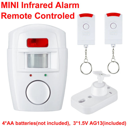 Wireless home security PIR sensor with infrared motion detection and 105dB siren for anti-theft protection.