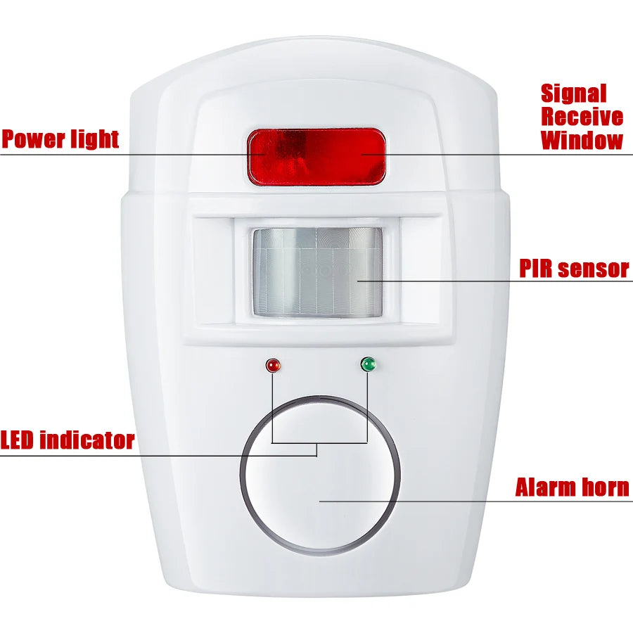 Wireless home security PIR motion detector with infrared sensor and 105DB siren, part of BackupMyFilesNow's anti-theft alarm system.