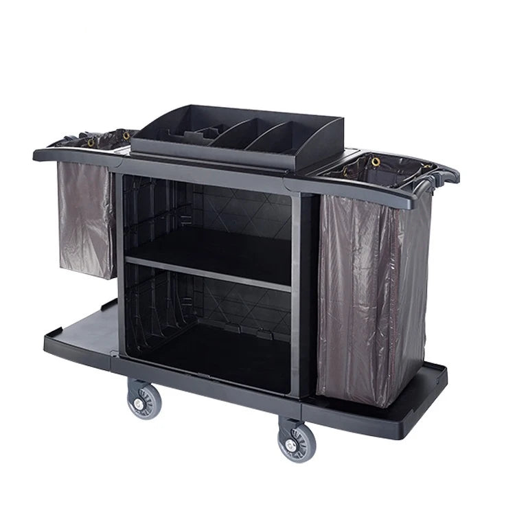 Hotel multifunction plastic cleaning cart with shelves and wheels, used for janitorial service and housekeeping linen transport.