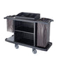 Hotel multifunction plastic cleaning cart with shelves and wheels, used for janitorial service and housekeeping linen transport.