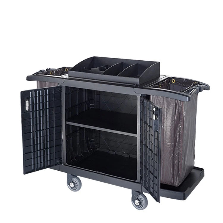 Hotel multifunction cleaning cart by BackupMyFilesNow.com with plastic construction, janitorial supplies, and linen storage trolley.