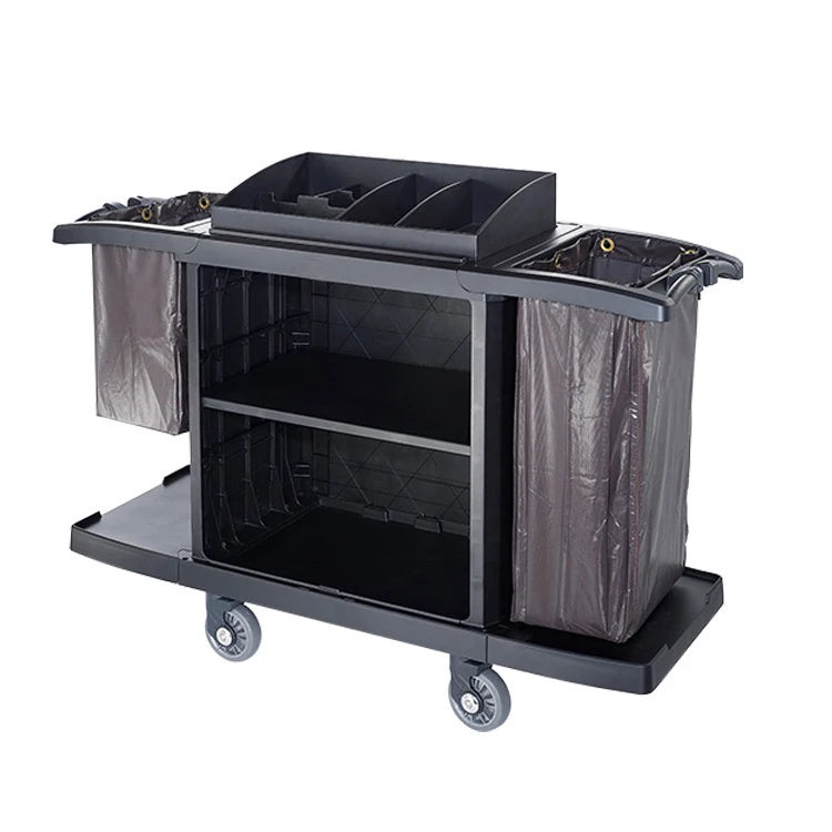 Hotel multifunction room plastic cleaning cart with shelves and compartments, ideal for janitorial, housekeeping, and linen transport.