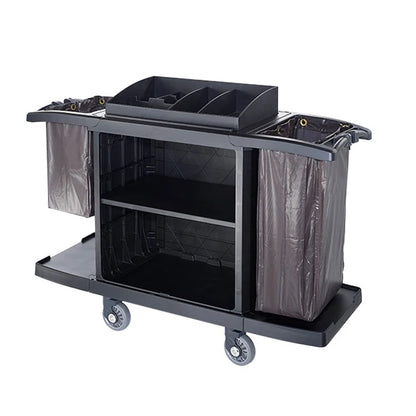 Hotel multifunction room plastic cleaning cart with shelves and compartments, ideal for janitorial, housekeeping, and linen transport.