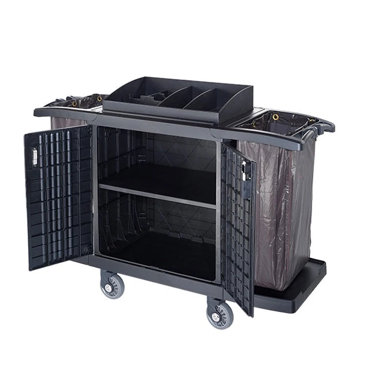 Hotel multifunction plastic cleaning cart with shelves, wheels, and compartments for janitorial supplies and linen transport.