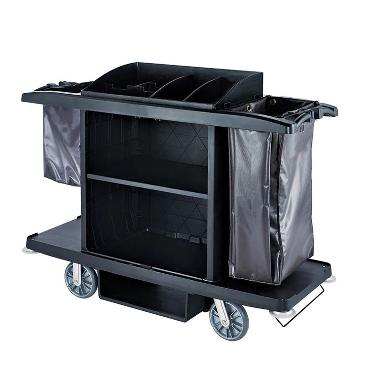 Hotel multifunction plastic cleaning cart with shelves, wheels, and compartments for janitorial supplies and linen transport.