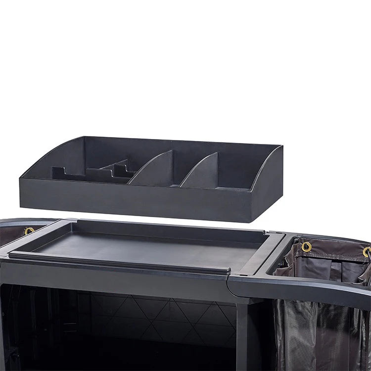 Plastic hotel cleaning cart with multiple compartments and linen trolley for janitorial and housekeeping service.
