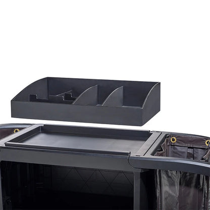Plastic hotel cleaning cart with multiple compartments and linen trolley for janitorial and housekeeping service.