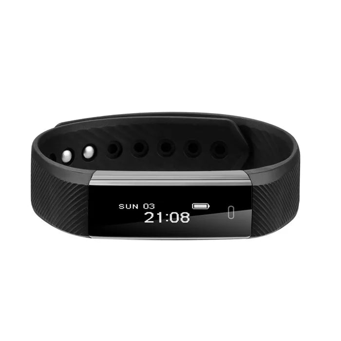 ID115 Smart Bracelet fitness tracker with step counter and activity monitor, worn on the wrist showcasing its sleek design.
