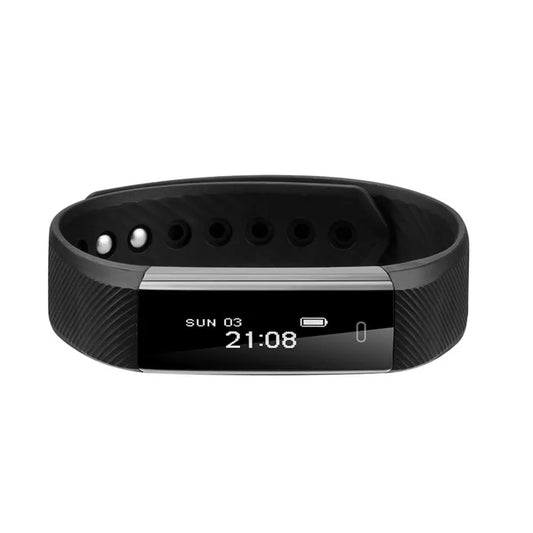 ID115 Smart Bracelet fitness tracker with step counter and activity monitor, worn on the wrist showcasing its sleek design.